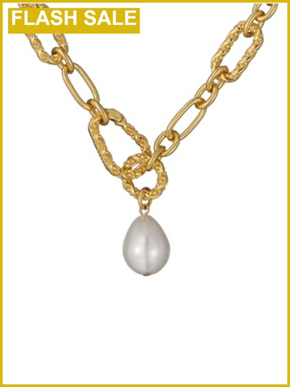 Gold Tone Plated Brass Twisted Chain Pearl Pendant Necklace Carabiner Clasp
